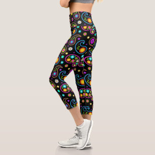 Modern Neon Paisley Floral Pattern Capri Leggings