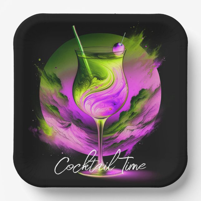 Modern Neon Party Time Personalised Paper Plate (Front)