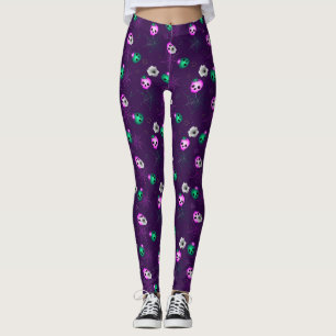 Modern Neon Pink and Emerald skulls Leggings
