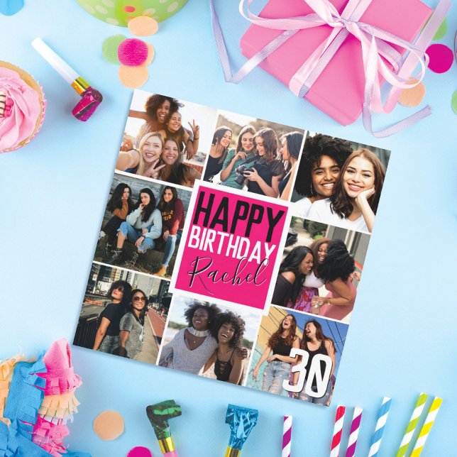 Modern Neon Pink Friends Photo Collage Birthday Card (Creator Uploaded)