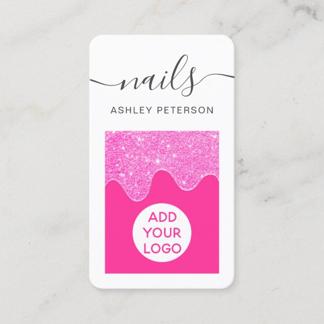 Modern neon pink glitter drips pink nails script business card (Front)
