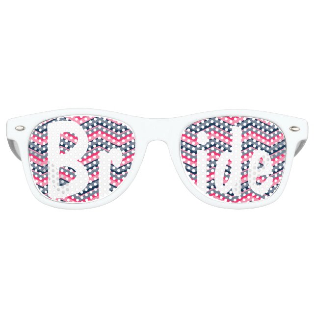 Modern neon pink navy blue chevron wedding Bride Retro Sunglasses (Front)