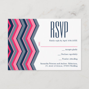 Modern neon pink navy blue chevron wedding RSVP