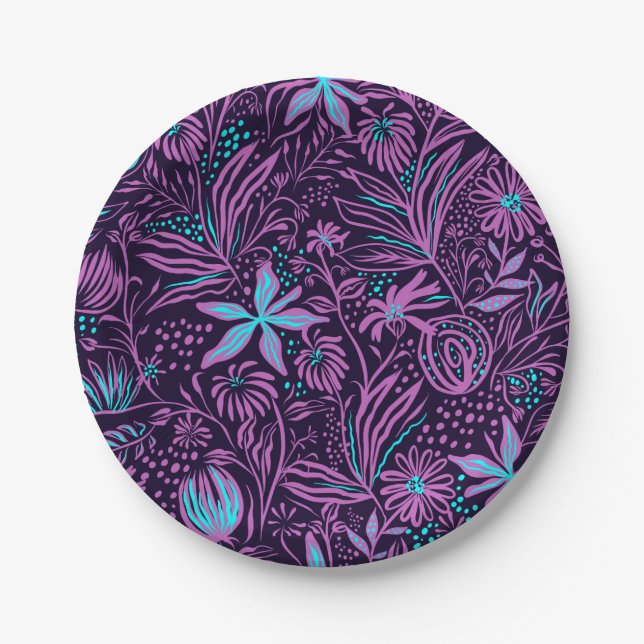 Modern Neon Purple Floral Pattern Paper Plate (Front)