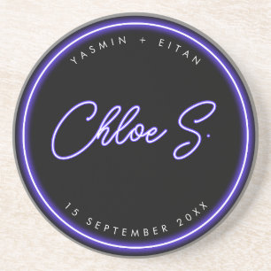 Modern Neon Purple Script Name Wedding Favour Coaster