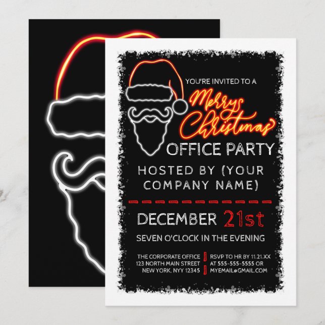 Modern Neon Red Lighted Santa Corporate Christmas Invitation (Front/Back)