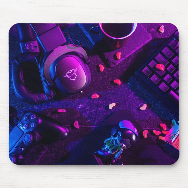 Modern Neon RGB Gaming Setup Flatlay Mousepad - Cy (Front)