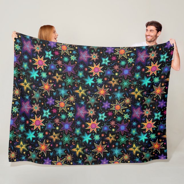 Modern neon stars on black fleece blanket (In Situ)