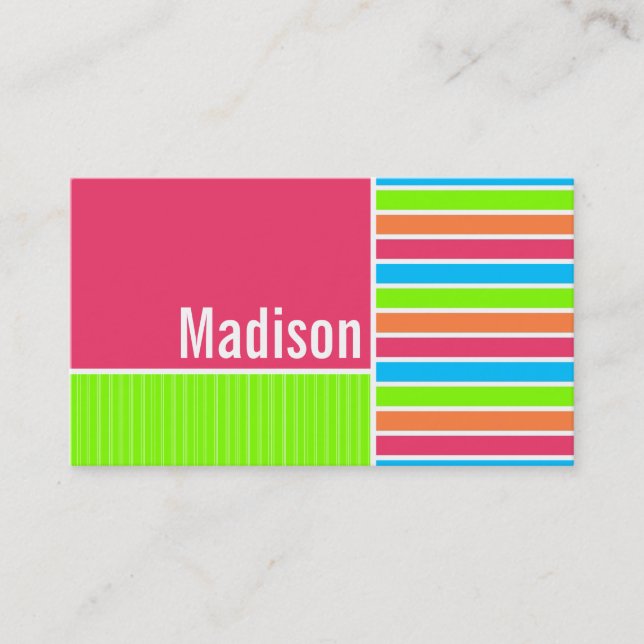 Modern Neon Stripes; Pink Blue Green Business Card (Front)