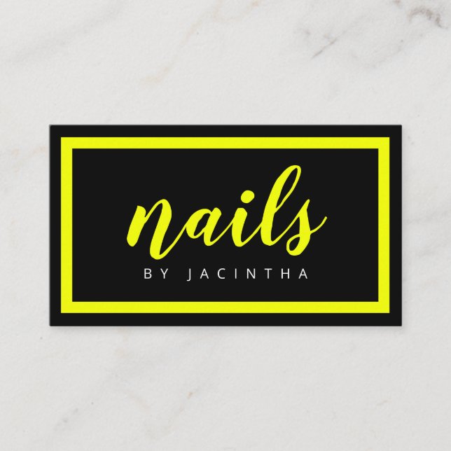 Modern Neon Yellow Black Nail Technician Retro Business Card (Front)