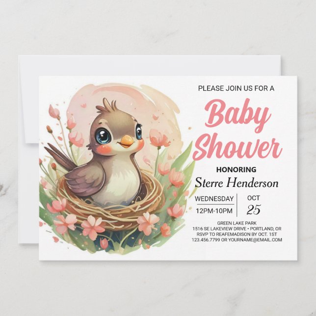 Modern Nest Whimsical Bird Baby Shower Invitation (Front)