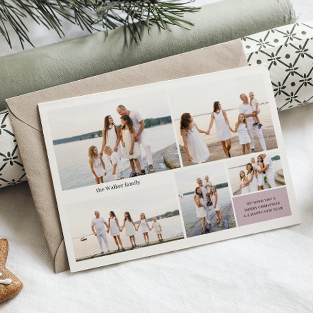 Modern Neutral 5 Photo Elegant Double Sided Holiday Card (Creator Uploaded)