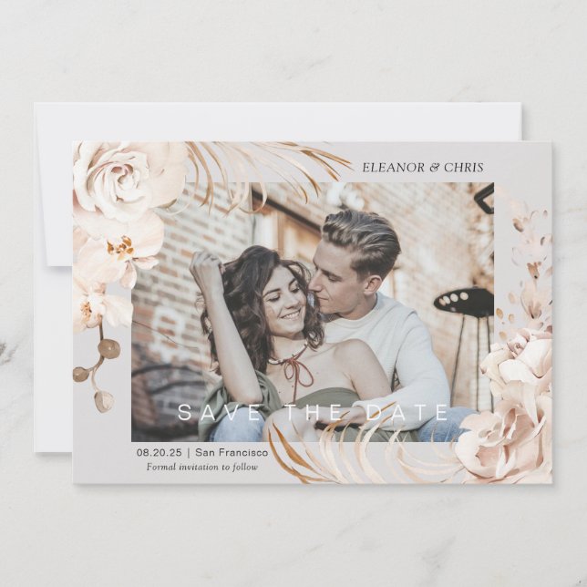 Modern Neutral Botanical Floral garden photo Save  The Date (Front)