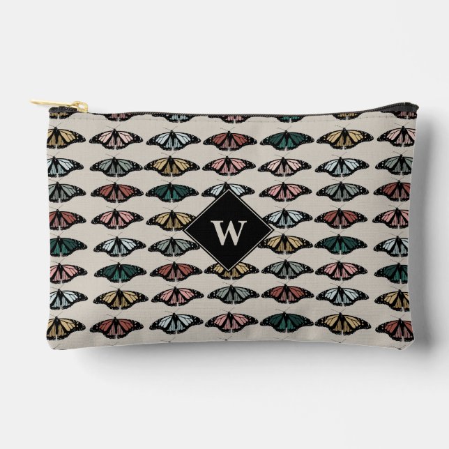 Modern Neutral Butterflies Garden Pattern Monogram Accessory Pouch (Front)