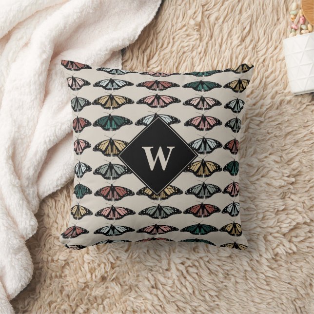 Modern Neutral Butterflies Garden Pattern Monogram Cushion (Blanket)