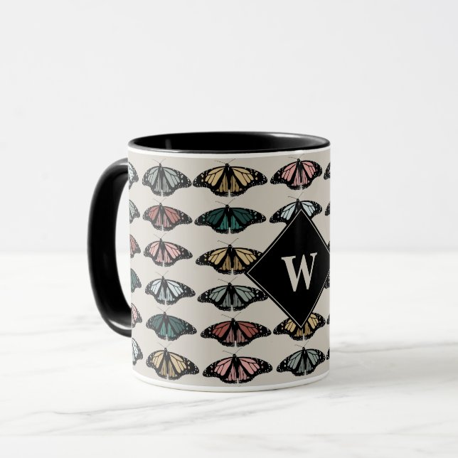 Modern Neutral Butterflies Garden Pattern Monogram Mug (Front Left)