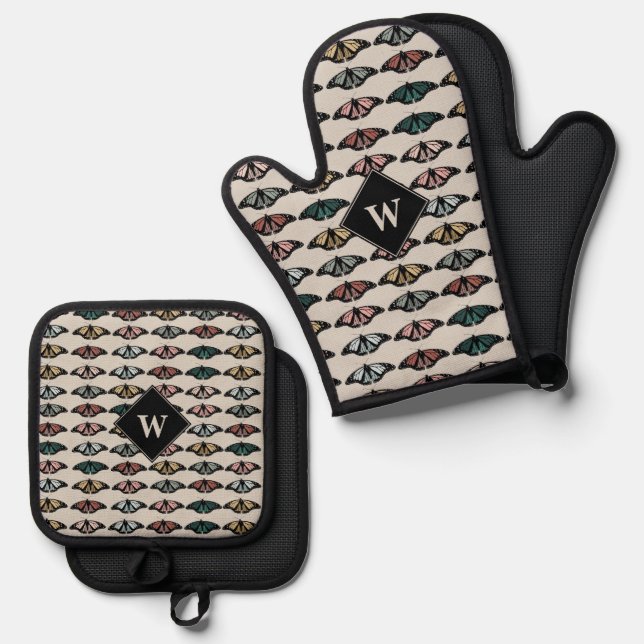 Modern Neutral Butterflies Garden Pattern Monogram Oven Mitt & Pot Holder Set (Front/Back)
