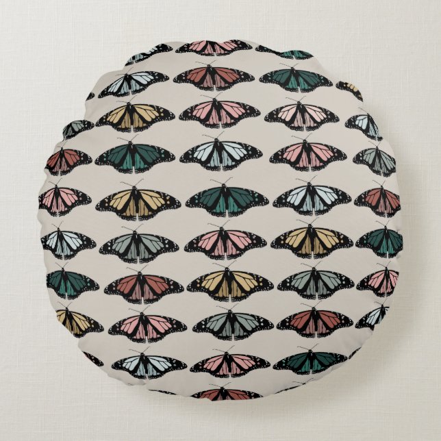 Modern Neutral Butterflies Garden Pattern Round Cushion (Front)