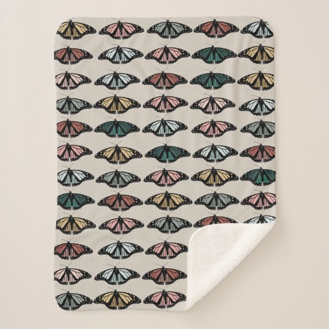 Modern Neutral Butterflies Garden Pattern Sherpa Blanket (Front)