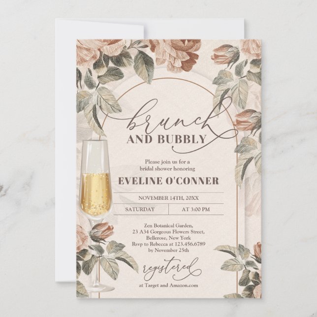Modern neutral colours boho arch brunch and bubbly invitation (Front)