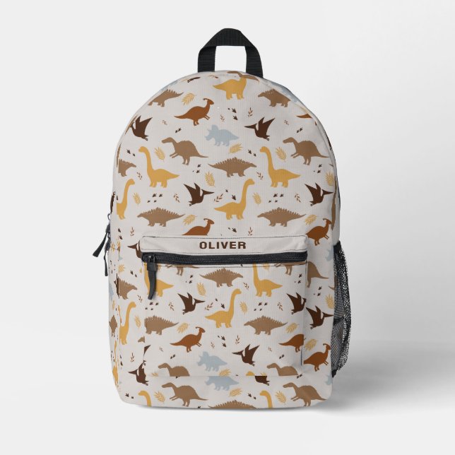 Modern Neutral Cream Dinosaur Dino Pattern Printed Backpack (Front)