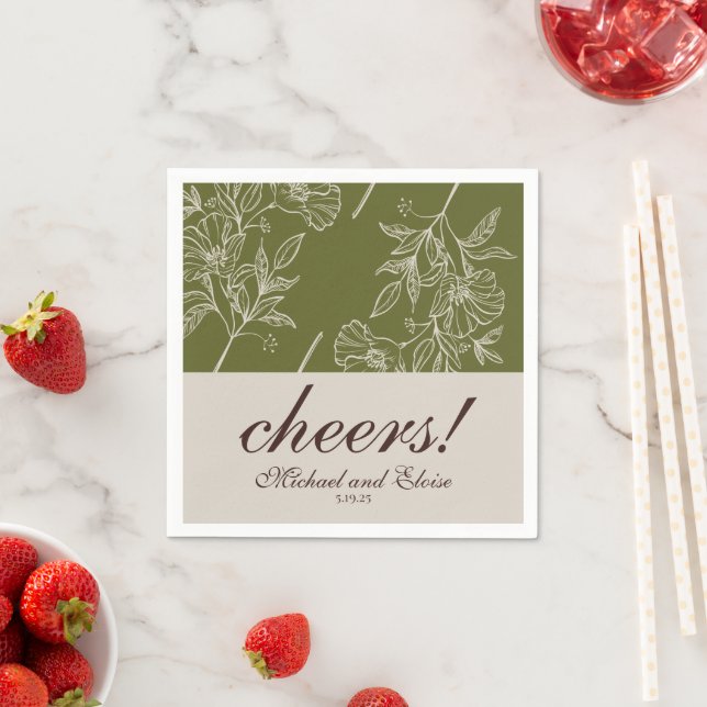 Modern Neutral Floral Cheers Personalised Wedding Napkin (Insitu)