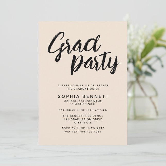 Modern Neutral Minimal Brush Script Grad Party Invitation (Standing Front)