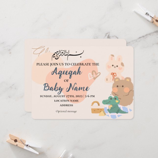 Modern Neutral Muslim Aqiqah Invitation Card (Front/Back In Situ)