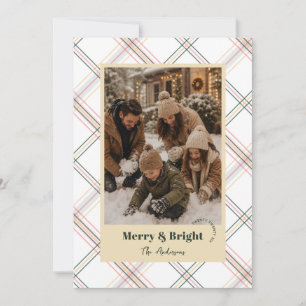 Modern Neutral Plaid Two Photos Merry & Bright Holiday Card