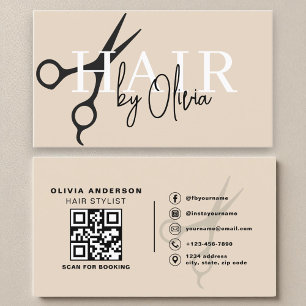 Modern Neutral Scissors QR Code Hair Stylist  Business Card