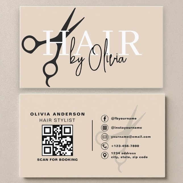 Modern Neutral Scissors QR Code Hair Stylist  Business Card (Creator Uploaded)
