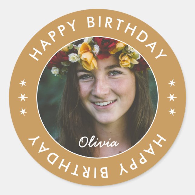 Modern Neutral Script Elegant Happy Birthday Photo Classic Round Sticker (Front)