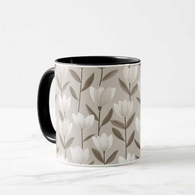 Modern Neutral Tulip Ivory Floral Pattern Mug (Front Left)