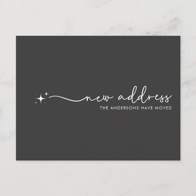 Modern New Address Handwritten Script Star | Black Postcard (Front)
