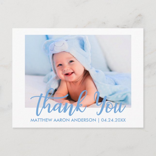 Modern New Baby Boy Thank You Blue Announcement Postcard (Front)