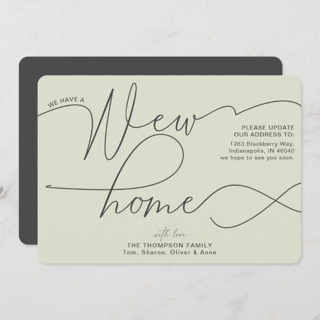 Modern New Home Calligraphy Pale Green Moving Announcement (Front/Back)
