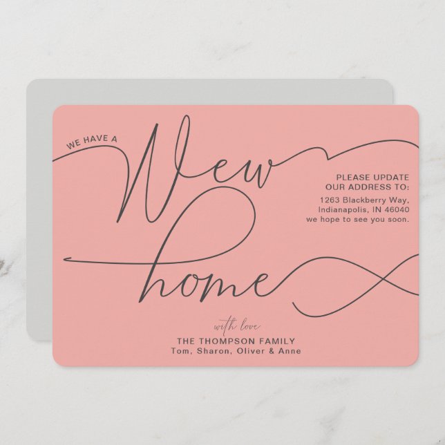Modern New Home Calligraphy Salmon Pink Moving Announcement (Front/Back)
