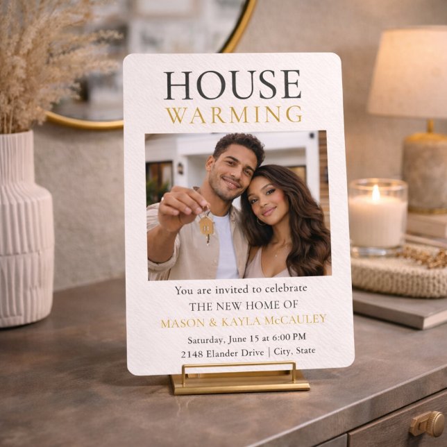 Modern New Home Invitation (Modern new home celebration with neutral tones, gold text, and photo layout with key detail)