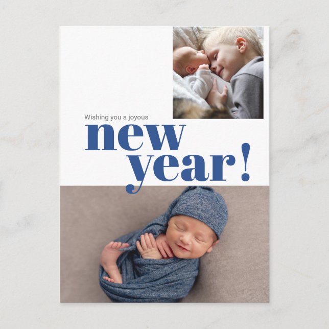 Modern New Year Blue Baby Boy Birth Photo Postcard (Front)