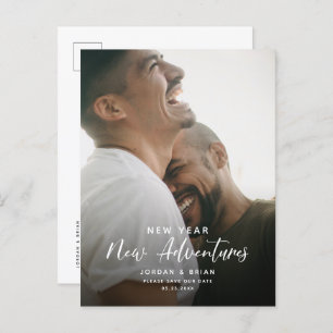 Modern New Year Engagement   Adventures Script Fun Announcement Postcard