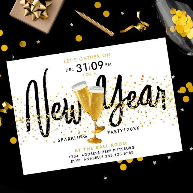 Modern New Year Stylish Champagne Gold Confetti Invitation (Creator Uploaded)