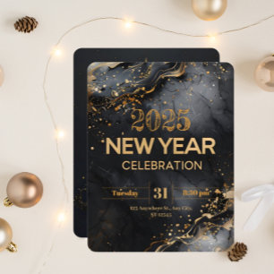 Modern New Year with Black Marble and Gold Swirls Invitation