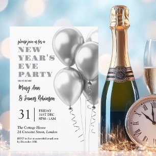 MODERN New Years Eve Celebration Silver Balloons Invitation