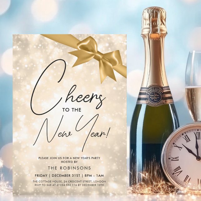 MODERN New Years Eve Gold Champagne Bokeh Gold Bow Invitation (MODERN New Years Eve Gold Champagne Bokeh Gold Bow Invitation)