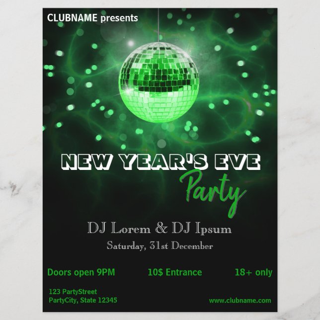 Modern New Year's Eve Green Disco Ball Party Flyer (Front)