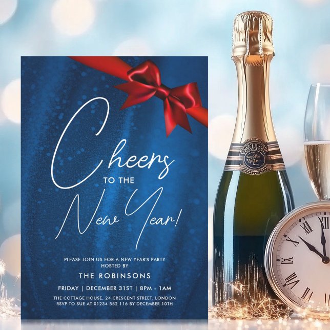 MODERN New Years Eve Navy Blue Sparkle Sequin Bow Invitation (MODERN New Years Eve Navy Blue Sparkle Sequin Bow Invitation)