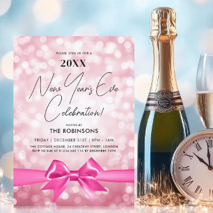 MODERN New Years Eve Party Blush Pink Bokeh Bow Invitation