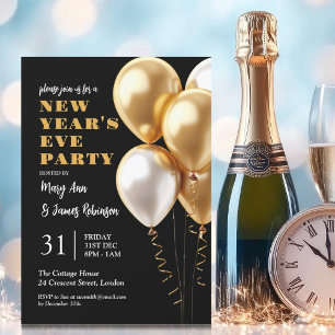 MODERN New Years Eve Party Gold Balloons Black Invitation