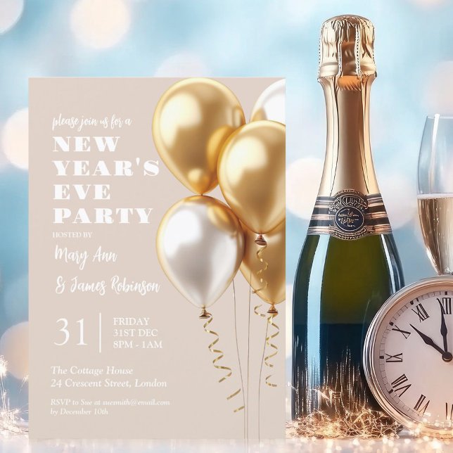 MODERN New Years Eve Party Gold Balloons Champagne Invitation (MODERN New Years Eve Party Gold Balloons Champagne Invitation)