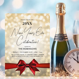 MODERN New Years Eve Party Gold Bokeh Red Bow Invitation